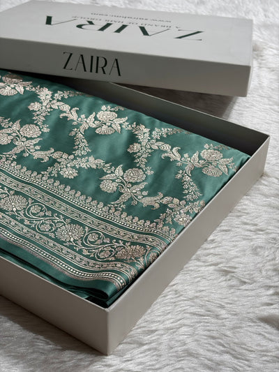 Sea Green Banarasi With Floral Jaal Pattern Mashru Silk Saree MSM-130