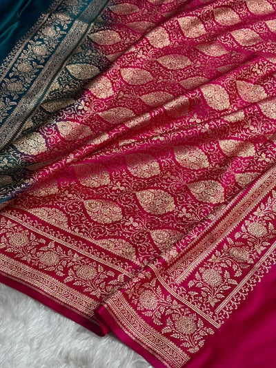 Banarasi Satin Katan Saree Floral Booti Pattern in Contrast Dark Rama / Rani Shades SK149
