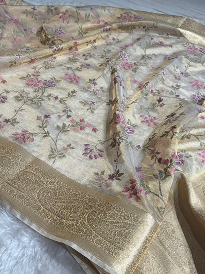 Beige Gold Shades With Floral Embroidered Pure Tissue Silk Saree with Brocade Blouse PTE-01