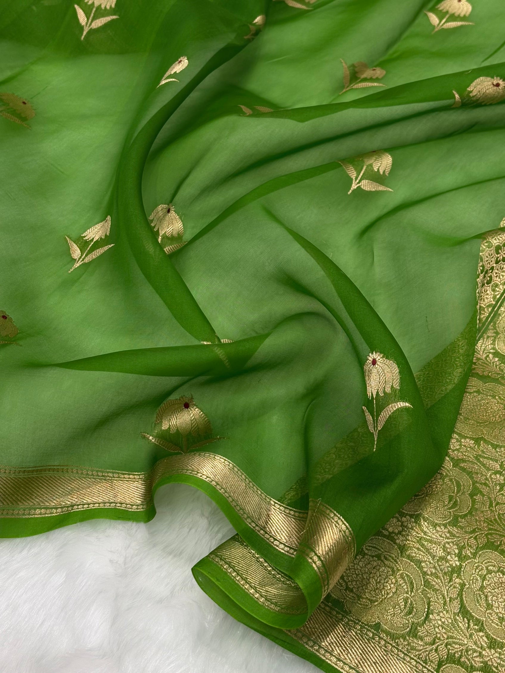 Pure Organza Light Mehendi Floral Meena Banarasi Silk Saree PO-02