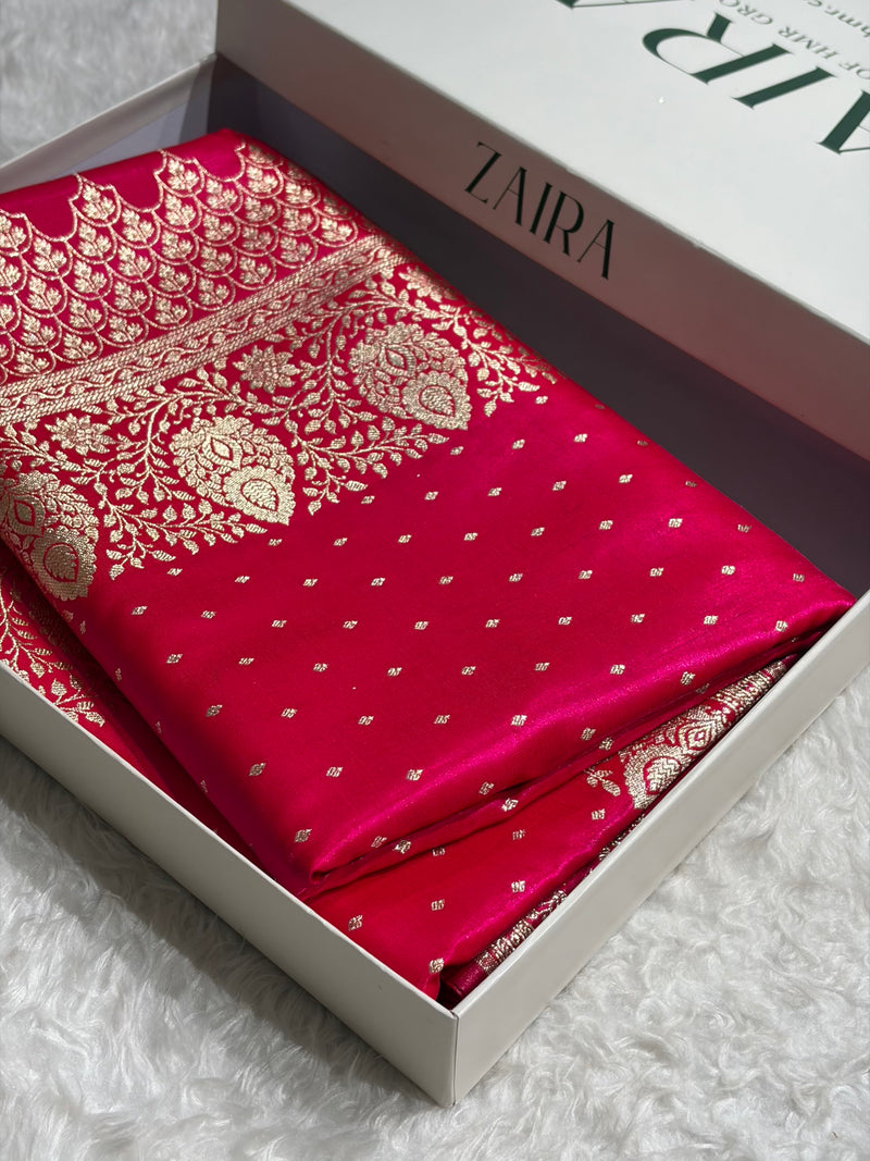 Satin Silk Saree Floral Boota in Cross Rani Shades SS28