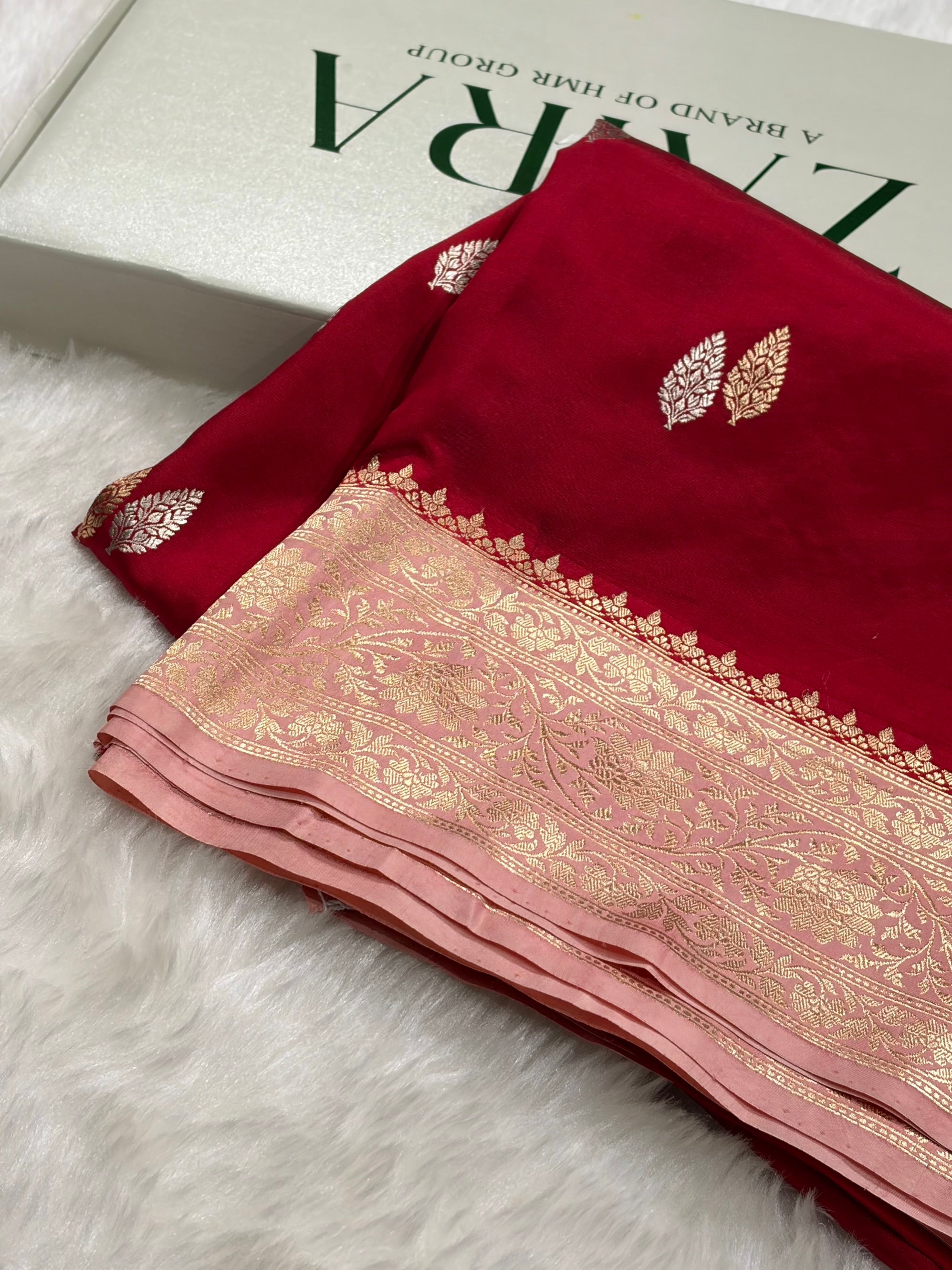 Banarasi Maroon With Peach Contrast Shades Boota Handwoven Pure Katan Paper Silk RM-76