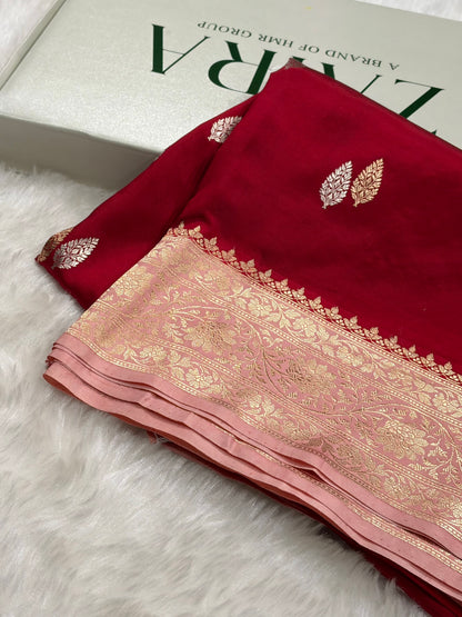 Banarasi Maroon With Peach Contrast Shades Boota Handwoven Pure Katan Paper Silk RM-76