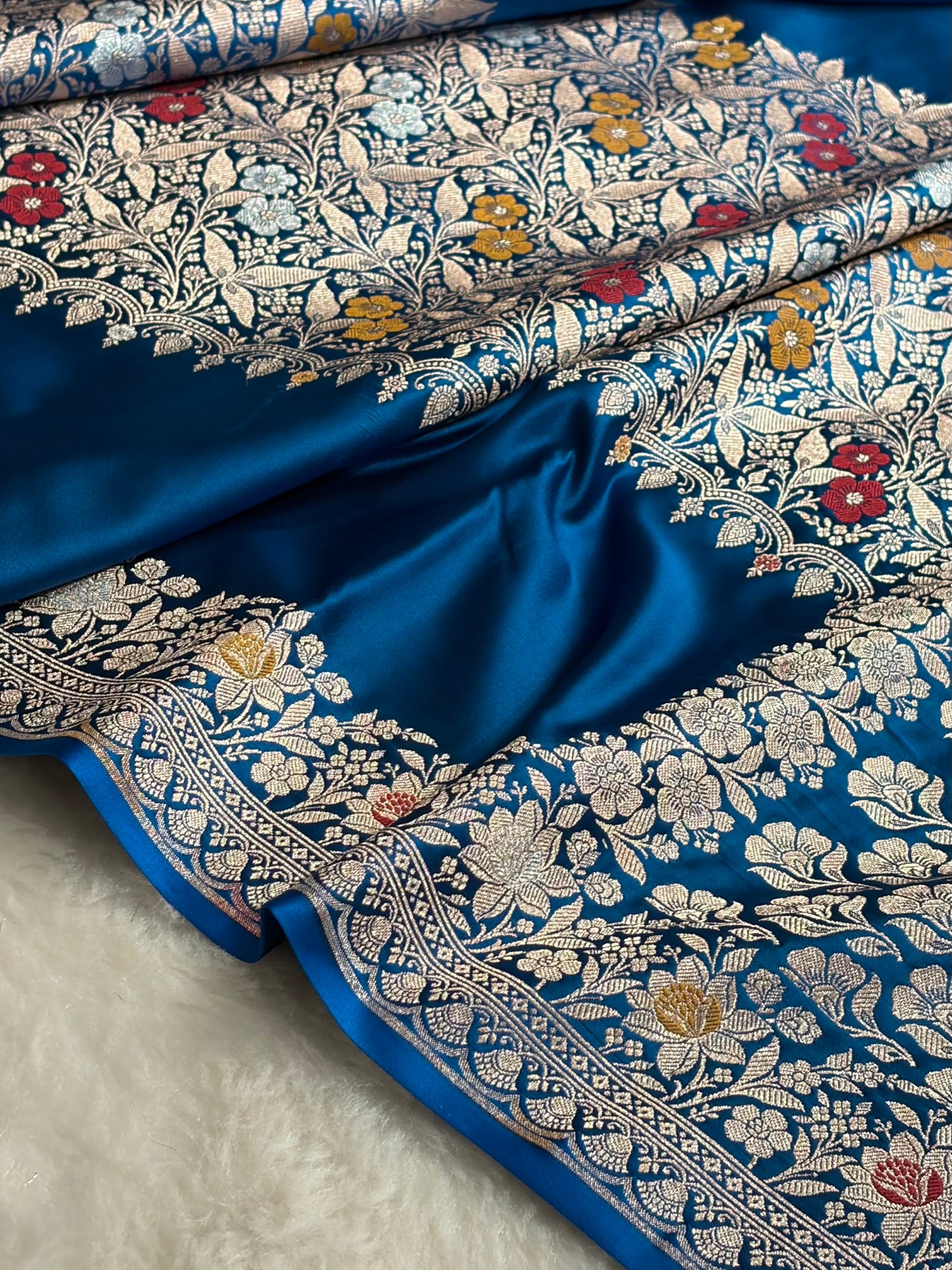 German Blue Shades Banarasi Minakari Boota Skirt Pattern Floral Mashru Silk Saree MSM-116