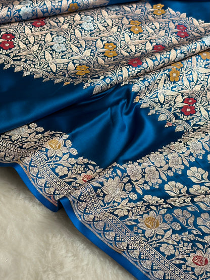 German Blue Shades Banarasi Minakari Boota Skirt Pattern Floral Mashru Silk Saree MSM-116