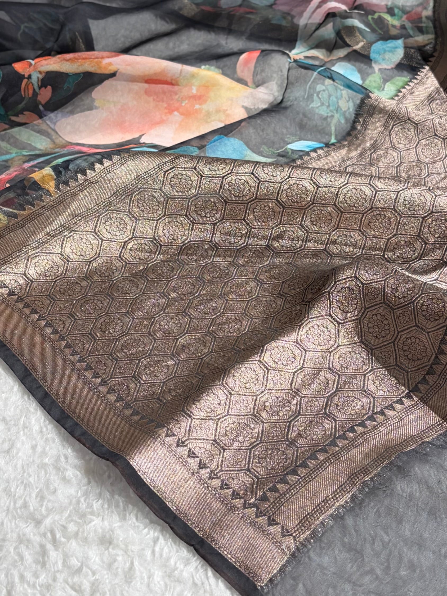 Organza with Pastel Multicolor Florals & Gold Zari Border POP17