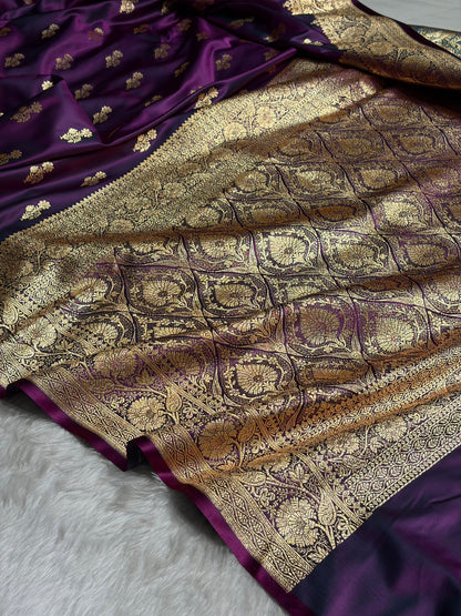 Wine Unique Boota Pattern Satin Katan Silk Saree SK68