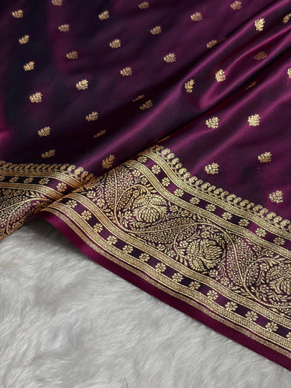 Wine Floral Pattern Satin Katan Silk Saree SK78