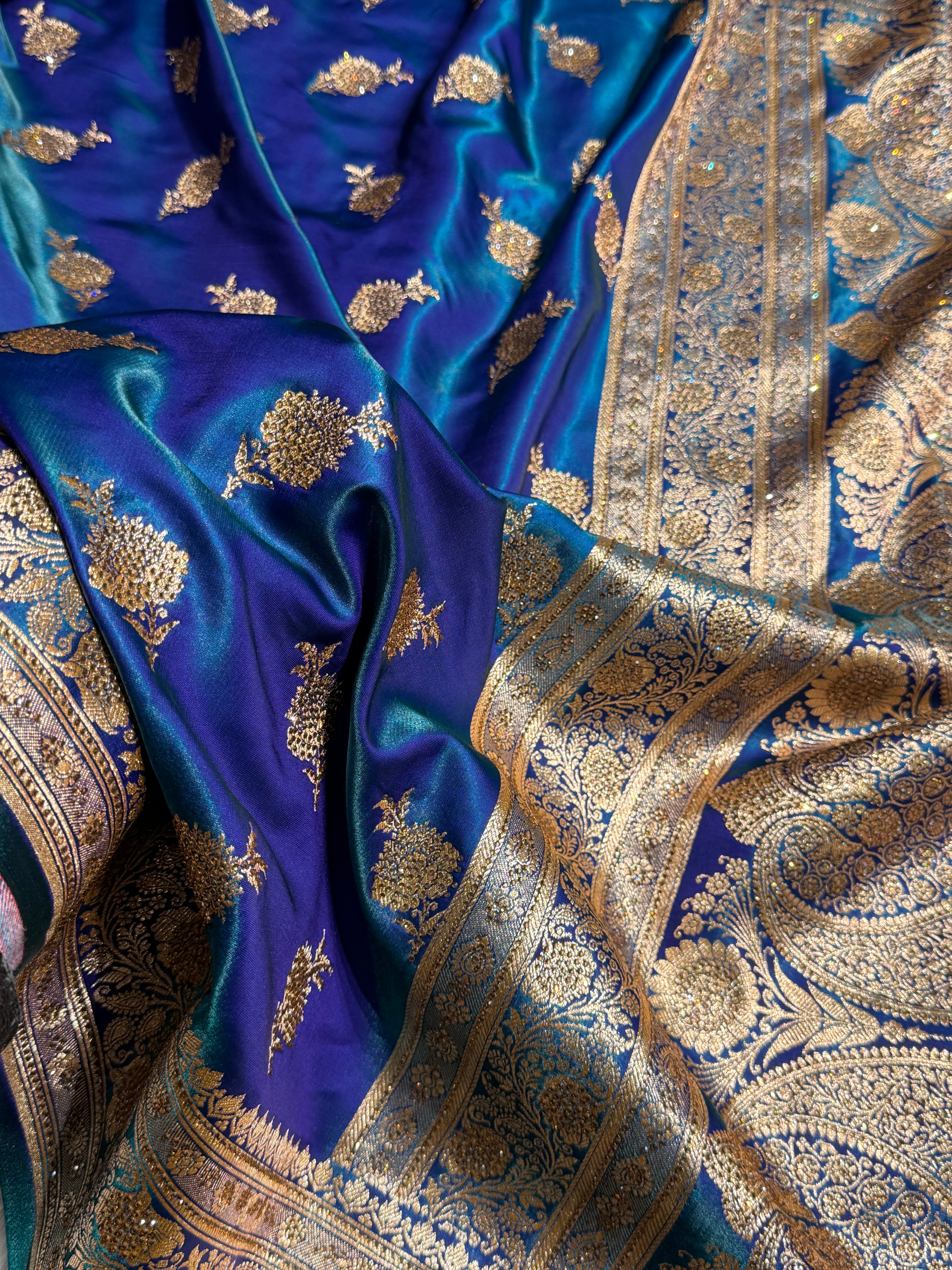 Satin Silk Saree Swarovski Work Floral Boota in Peacock Shades BSS26