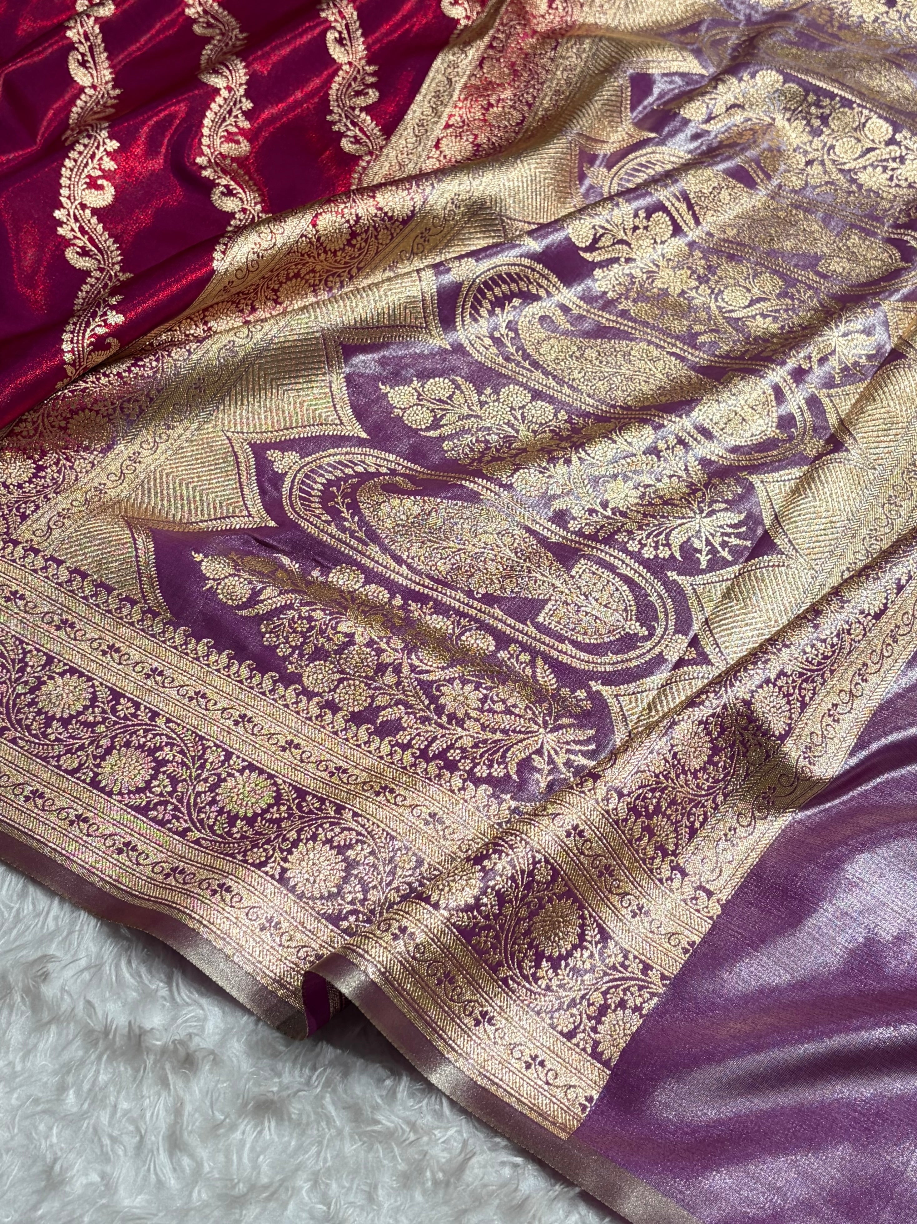 Magenta Red Contrast Shades Cross Pattern Banarasi Satin Silk Saree SS39