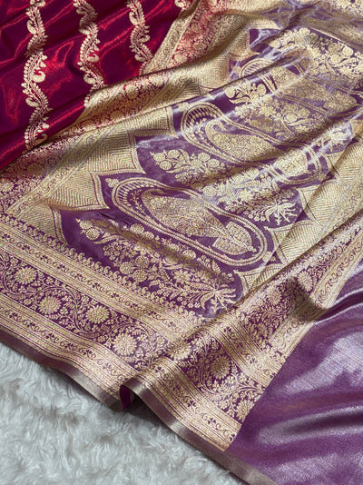 Magenta Red Contrast Shades Cross Pattern Banarasi Satin Silk Saree SS39