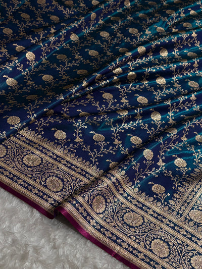 Peacock Shades Jaal Pattern Banarasi Satin Silk Saree SS55