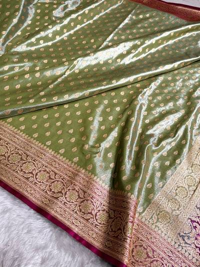 Banarasi Contrast Satin Silk Booti in Pista With Wine Shades SS01