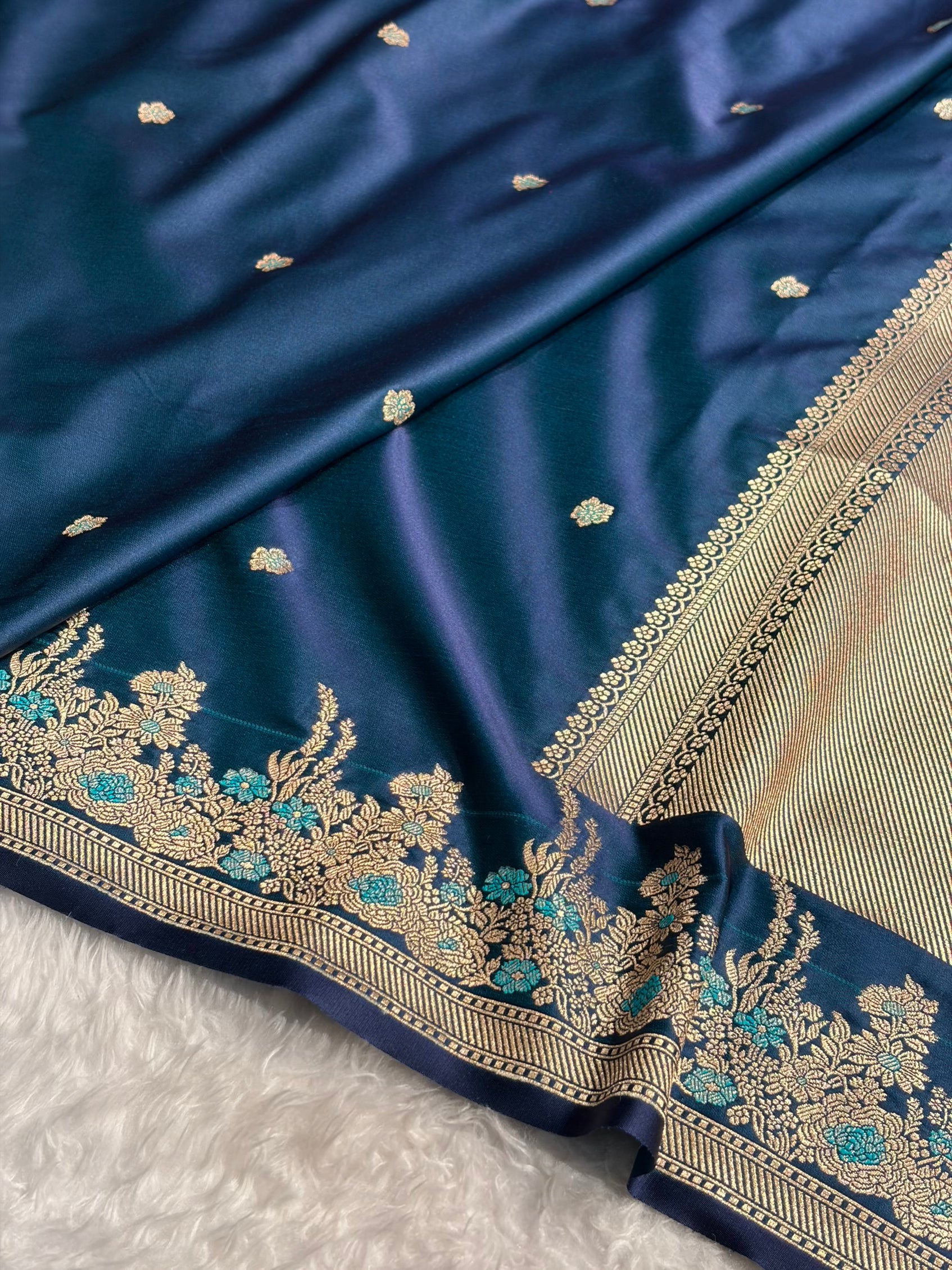 Banarasi Satin Katan Saree Booti Minakari Pattern in German Blue Shades SK136