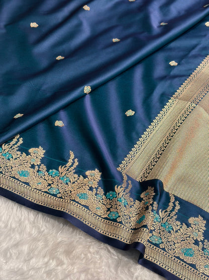Banarasi Satin Katan Saree Booti Minakari Pattern in German Blue Shades SK136