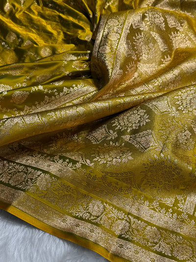 Mehandi Green Floral Jaal Pattern Satin Katan Silk saree SK42