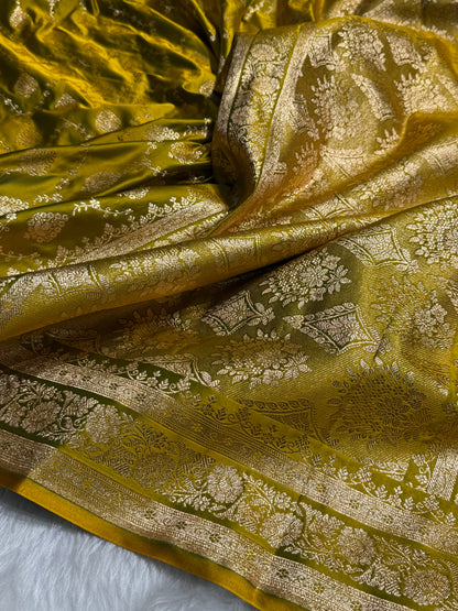 Mehandi Green Floral Jaal Pattern Satin Katan Silk saree SK42