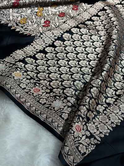 Black Shades Banarasi Minakari Boota Skirt Pattern Floral Mashru Silk Saree MSM-116