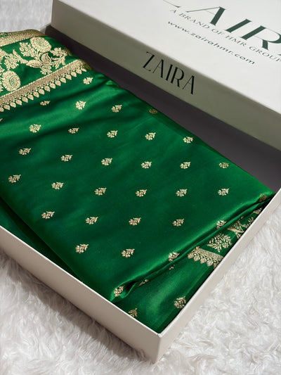 Banarasi Cross Green Shades Floral Pattern Satin Katan Silk Saree SK77