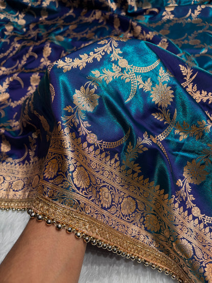 Satin Silk Banarasi Jaal In Peacock Shades With Gotta Patti  SSGP18