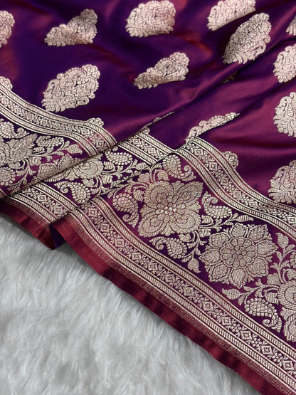 Reddish Magenta Shades Banarasi Boota Pattern Floral Mashru Silk Saree MSM-105