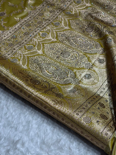 Light Weight Lemon Pista Satin Silk Saree with Swarovski work BSS14