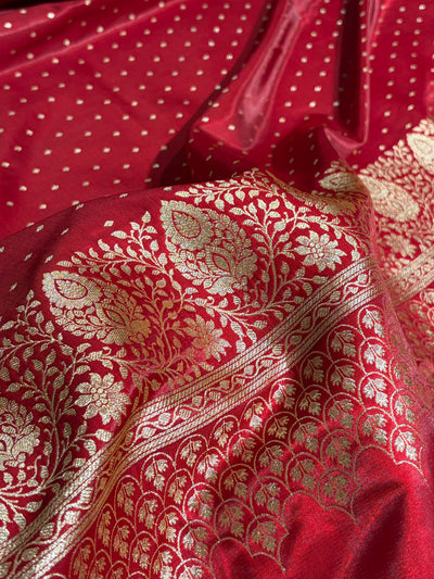 Satin Silk Saree Floral Boota in Red Shades SS28