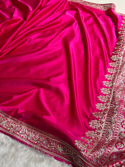 Rani Shades Plain Banarasi With Minakari Ari Zardozi Work Floral Border Mashru Silk Saree BMCS123