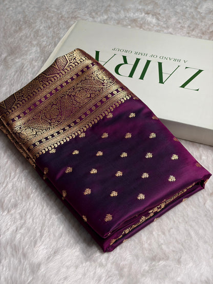 Wine Floral Pattern Satin Katan Silk Saree SK78