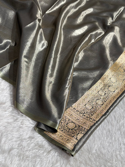 Bottle Green Contrast Shades Jaal Pattern Banarasi Satin Silk Saree SS47