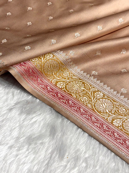 Dusty Beige Shades With Contrast Border Booti Mashru Silk Saree MS78
