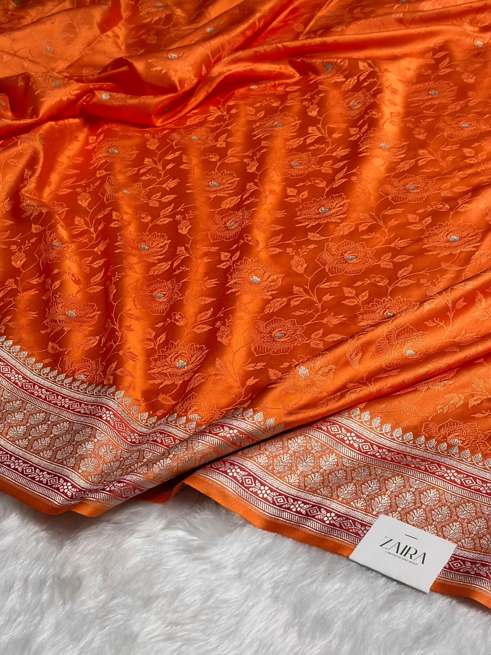 Orange Minakari Tanchoi Floral Booti Mashru Silk Saree MS59