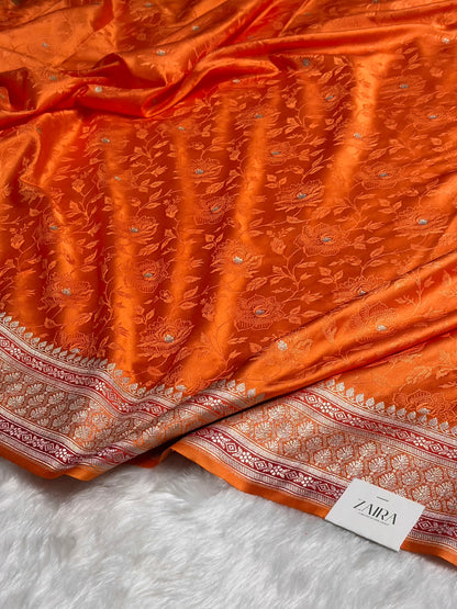 Orange Minakari Tanchoi Floral Booti Mashru Silk Saree MS59