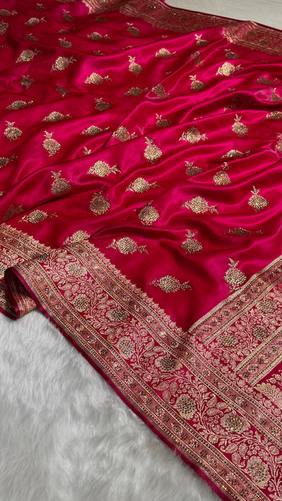 Satin Silk Saree Swarovski Work Floral Boota in Cross Rani Shades BSS26