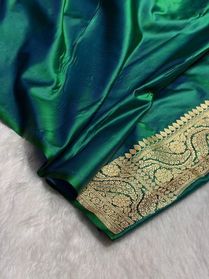 Cross Green Floral Unique Boota Pattern Satin Katan Silk Saree SK73