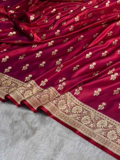 Magentic Red Unique Boota Pattern Satin Katan Silk Saree SK68