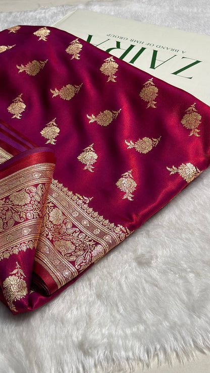 Satin Silk Saree Floral Boota in Magenta Red Shades In Nine Yards SSNY26
