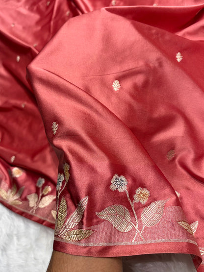 Banarasi Peach Shades Minakari Booti Mashru Silk Saree MS58