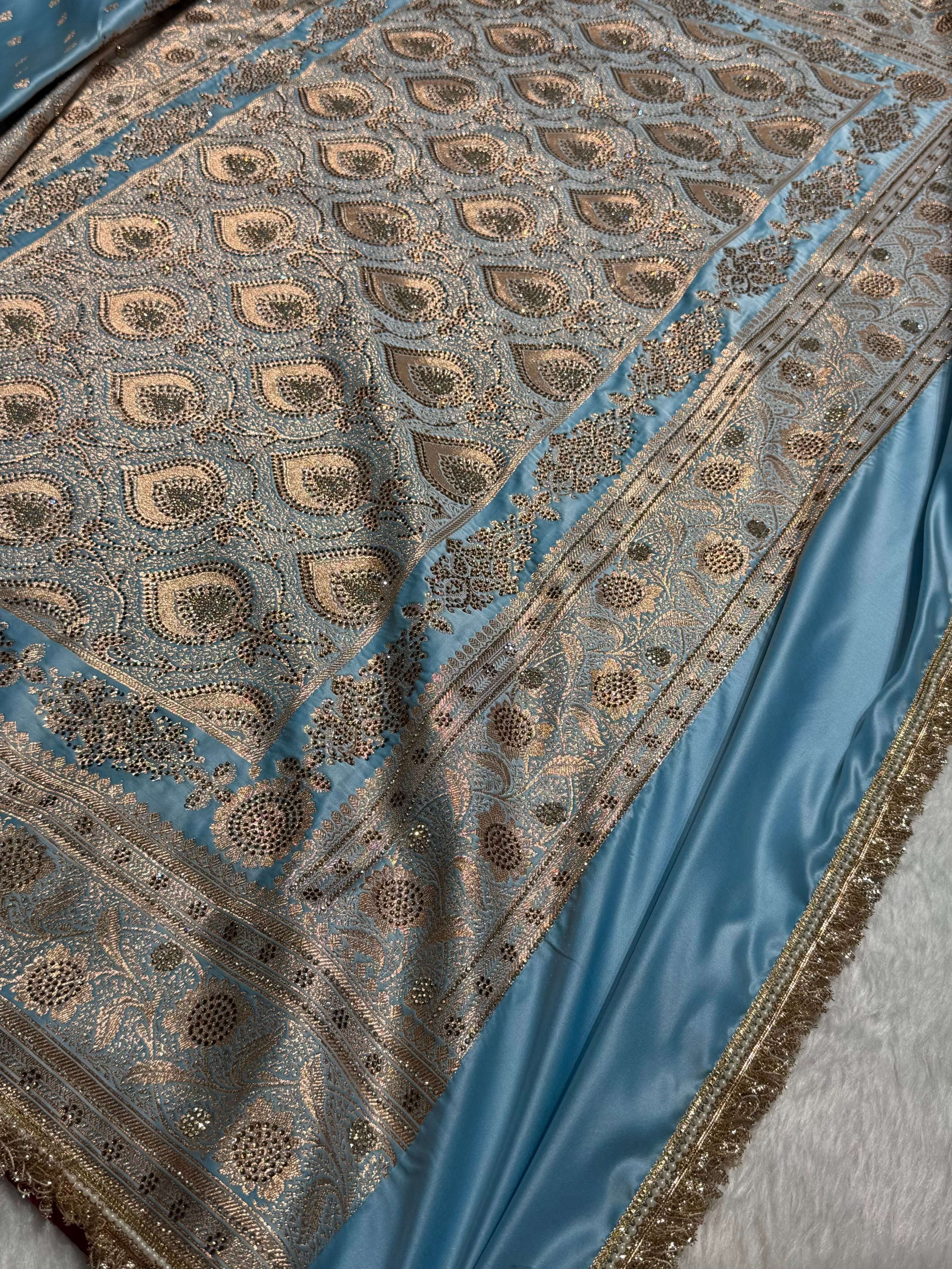 Banarasi Katan Silk Saree In light Sky Blue Shades With Swarovski & Gotta Patti Work BSKGP08