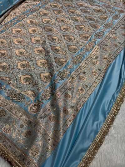 Banarasi Katan Silk Saree In light Sky Blue Shades With Swarovski & Gotta Patti Work BSKGP08