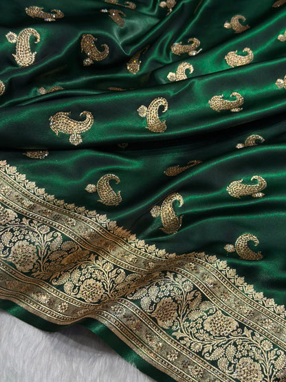 Satin Silk Saree Tredition Banarasi Swarovski Work Floral Boota in Bottle Green Shades BSS27