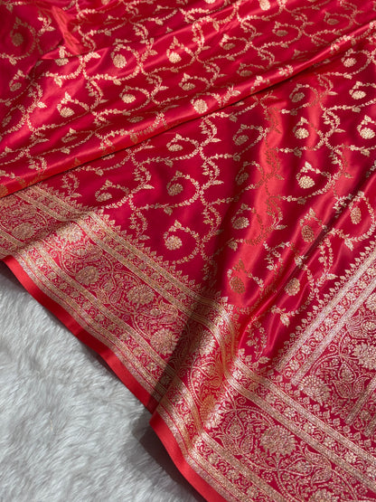 Cross Peach Shades Floral Jaal Pattern Satin Katan Silk saree SK55