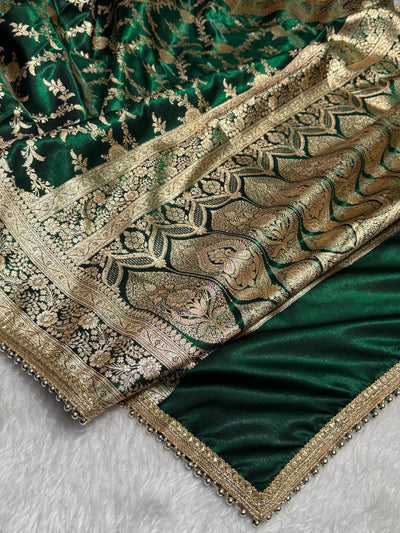 Bottle Green Banarasi Jaal Satin Silk Saree with gotta patti SSGP14