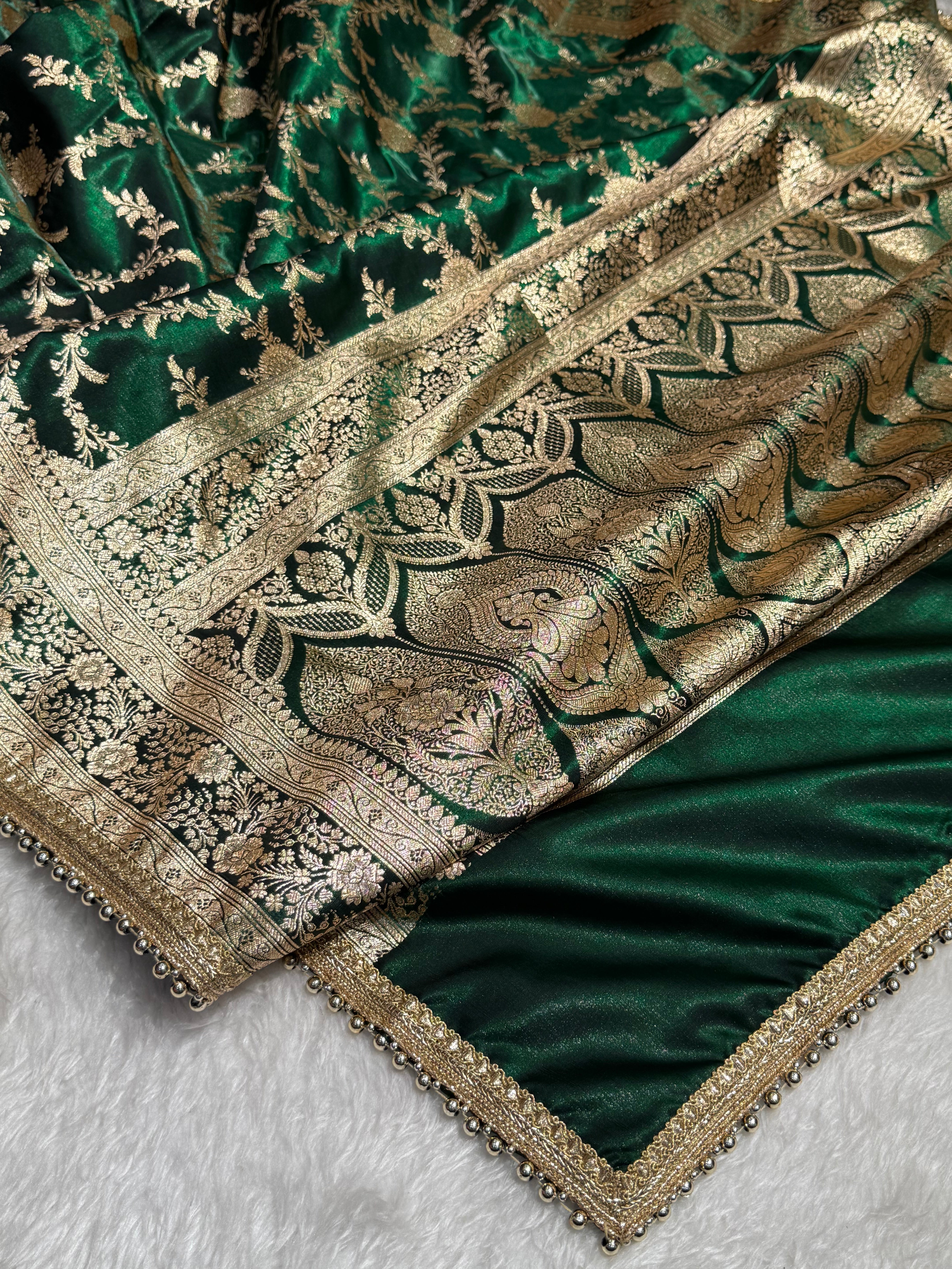 Bottle Green Banarasi Jaal Satin Silk Saree with gotta patti SSGP14