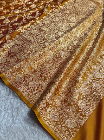 Cross Mustard Shades Jaal Floral Pattern Satin Katan Silk Saree SK80