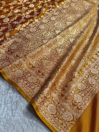 Cross Mustard Shades Jaal Floral Pattern Satin Katan Silk Saree SK80
