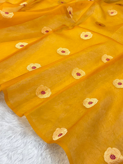 Pure Banarasi Organza Mustard Shades With Minakari Floral Banarasi Silk Saree PO-27