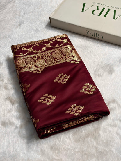 Garnet Floral Boota Satin Katan Silk saree SK34