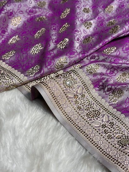 Banarasi Lavender Shades Tanchoi Motif With Swarovski Work Mashru Silk Saree BMST-10