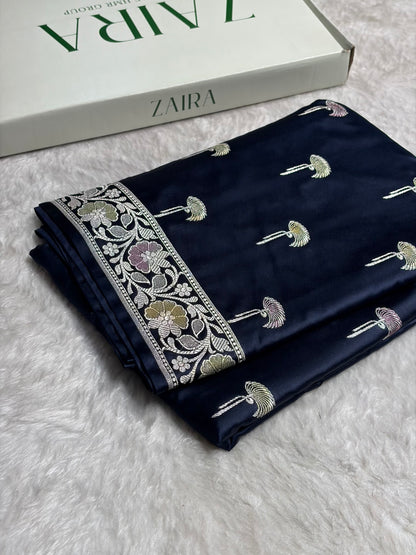 Navy Blue Shades Banarasi Minakari Floral Booti Mashru Silk Saree MS55